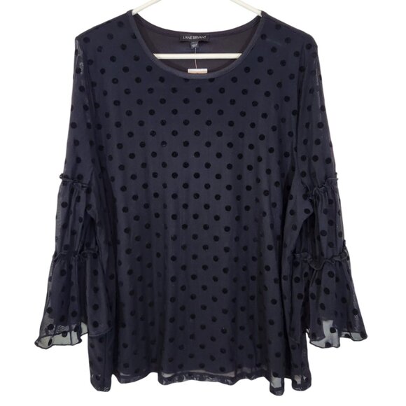 Lane Bryant Black Bell Sleeve Polka Dot Blouse 18/20 - Picture 2 of 6